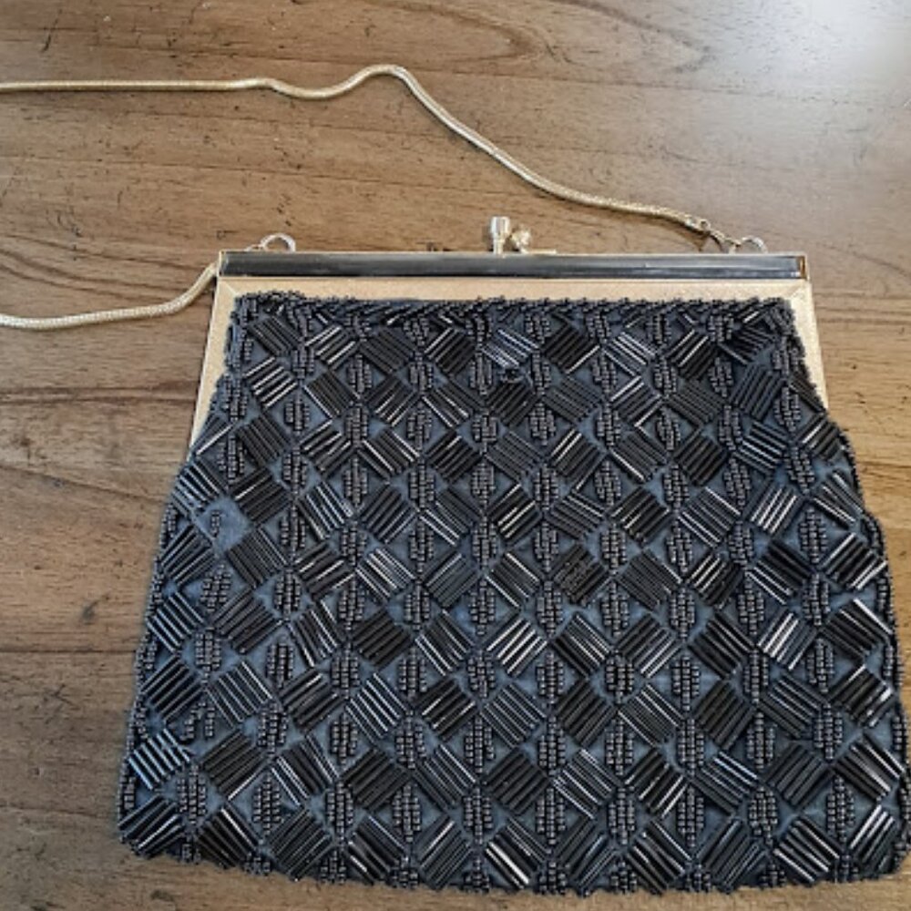 Vintage Black Beaded Evening Bag w/chain,  Made In Hong Kong